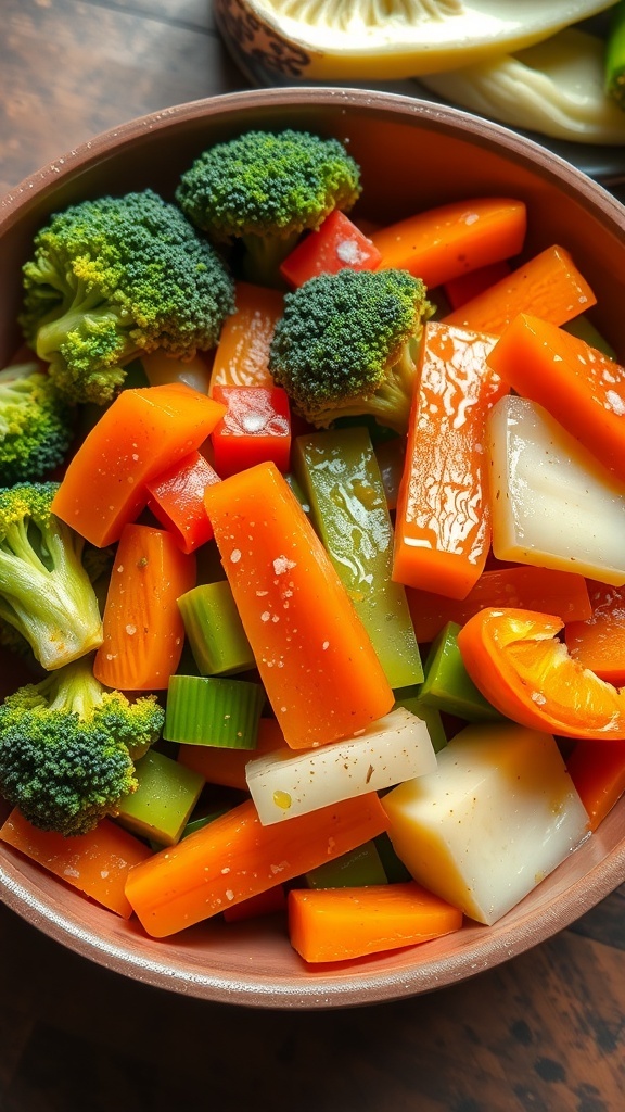A bowl of steamed broccoli, carrots, and bell peppers garnished with olive oil on a wooden table.